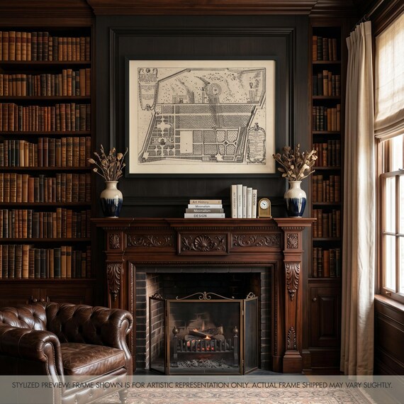 Stampa Con Cornice Mappa Villa Mattei Roma 1683, Quadro Inizio Titolo Falda Pianta Geometrica, Poster Legno Pino Vintage Barocco