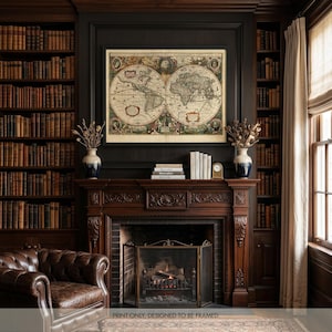 May include: A framed antique world map hangs above a carved wooden fireplace. The room features built-in bookshelves filled with books, a leather armchair, and a vase with dried flowers. The text at the bottom reads: PRINT ONLY, DESIGNED TO BE FRAMED.