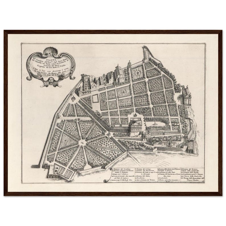 Stampa Con Cornice Mappa Giardini Quirinale 1683, Quadro Inizio Titolo Falda Pianta Geometrica, Poster Legno Pino Vintage Barocco image 2