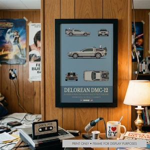 May include: A framed poster featuring a DeLorean DMC-12 car in various views, set against a light blue background. The poster includes the text "DELOREAN DMC-12" and "AN AMERICAN MADE TIME MACHINE BACK TO THE FUTURE ICON".