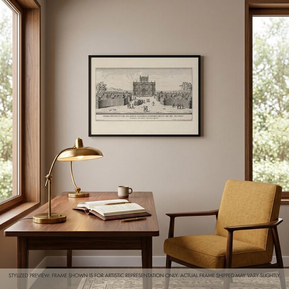 Stampa Con Cornice Palazzo Quirinale Roma 1683, Quadro Inizio Titolo Falda Giardini Italiani, Poster Legno Pino Rustico Vintage Barocco