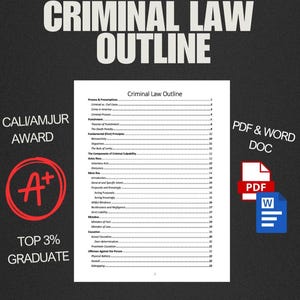 May include: A digital document titled "Criminal Law Outline" with a detailed table of contents. The image includes "CALI/AMJUR AWARD" and "TOP 3% GRADUATE" badges, along with PDF and Word document icons.