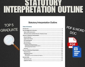 May include: A document titled "Statutory Interpretation Outline" with a table of contents, PDF and Word Doc icons, and the text "Top 5 Graduate." A magnifying glass is in the lower left corner. The background is dark gray.