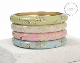 Pastel Cloisonné Enamel Bangle Bracelet | Floral Stacking Bracelet | Vintage Style Spring Jewelry | Christmas Gift for Mom | Cuff Bracelet