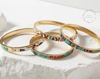 Pulsera rígida geométrica de acero de titanio con esmalte cloisonné / Pulsera apilable artística / Pulsera Kada floral con esmalte / Regalo para mamá o hermana