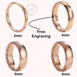 May include: Rose gold tungsten carbide rings in 2mm, 4mm, 6mm, and 8mm widths. The rings have a polished finish and the text "Free Engraving" is displayed. The rings are labeled with their respective widths.
