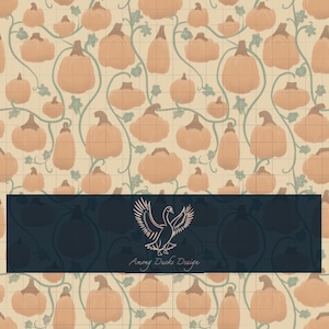 May include: A repeating pattern of orange pumpkins and green vines on a beige grid background. A dark blue banner at the bottom features a white swan logo and the text "Among Ducks Design."
