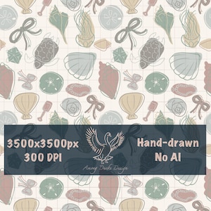 Op de afbeelding: Een handgetekend patroon met mariene illustraties: schelpen, schildpadden, strikken en zanddollars. Het ontwerp maakt gebruik van een zacht palet van beige, groen en roze, tegen een rasterachtergrond. De afbeelding bevat tekst die de afbeeldingsgrootte en ontwerpdetails aangeeft.