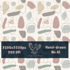May include: Abstract pattern design featuring organic shapes in muted colors like beige, gray, pink, and green, outlined with thin lines. The design includes the text "3500x3500px 300 DPI Hand-drawn No AI" and a logo.