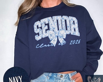 Class of 2026 Senior Blue Toile Cute Bow Sweatshirt, Unisex Crewneck, Graduation Gift, Senior Year Apparel, Cozy College Sweatshirt