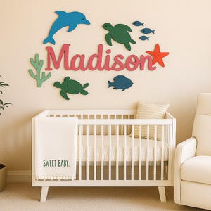 Underwater Ocean Baby Name Sign, Nursery Name Sign Above The Crib, Personalized Wooden Wall Decor, 3D Sea Theme Baby Name Sign