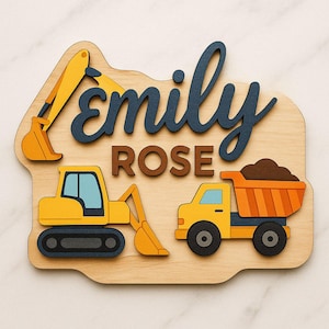Baustellenfahrzeug Holz Kinderzimmer Namensschild - personalisiertes Holz Namensschild für Jungenzimmer, über der Krippe, Babypartygeschenk, Kinderzimmer-Wanddekoration