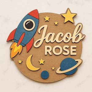 Personalized Rocket and Space Nursery Name Sign - Wooden Wall Decor, Custom Baby Name Sign, Boy Nursery Art, Baby Shower Gift, 3D Name
