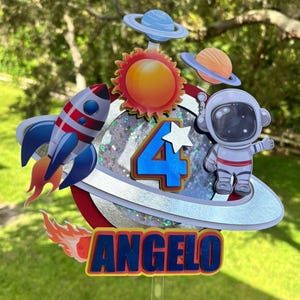 Astronaut Space Cake Topper | Benutzerdefinierte Weltraum Geburtstagsdeko | Erste Reise Galaxy Theme | Rocket Ship Party | Planet Topper
