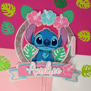 Baby Stitch Birthday Cake Topper | Tropical Luau 1st Birthday Party Decoration | Personalized Name & Age