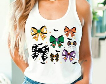 Halloween Coquette Bow Racerback, Spooky Bow Graphic Tank Top