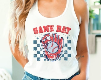 Game Day Baseball Tank Top, Baseball Game Day Crop Top, Checkered Baseball Racerback, Sports Fan V Neck, Vintage Style Baseball Tank Top