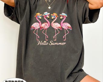 Faux Glitter Flamingo Summer Shirt, Hello Summer Flamingo T Shirt, Pink Flamingo Tee, Beach Summer Shirt, Tropical Flamingo T Shirt