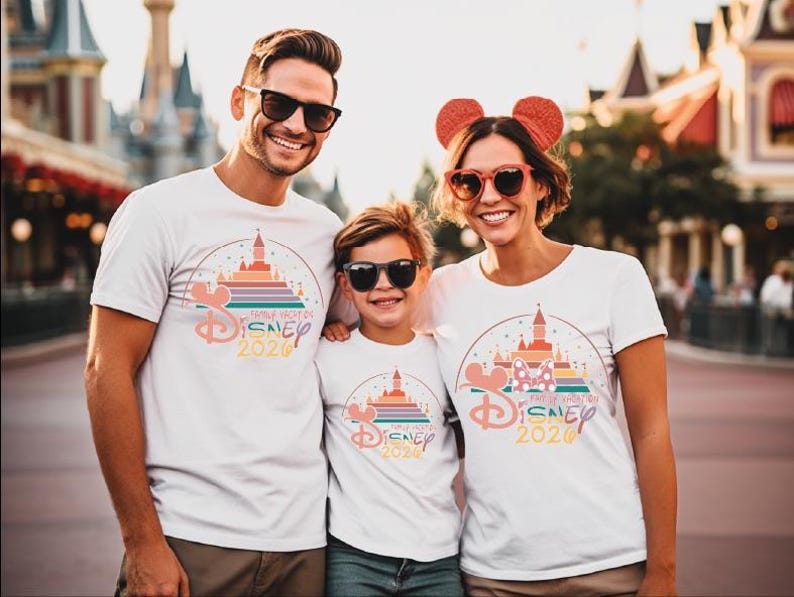 A family of three, consisting of a man, a woman, and a child, is standing together and smiling, wearing matching Disney-themed t-shirts.