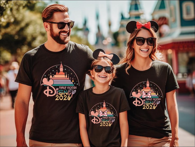 A family of three, consisting of a man, a woman, and a child, are standing together and smiling, all wearing matching Disney-themed t-shirts.
