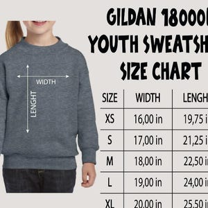 The image is a size chart for a GILDA 18000B youth sweatshirt, showing the measurements for different age groups.