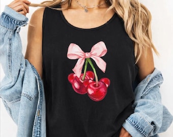 Cherry Bow Tank Top, Cute Cherry Crop Top, Pink Bow Racerback, Aesthetic Cherry V Neck, Summer Cherry Tank Top, Bow Cherry Crop Top