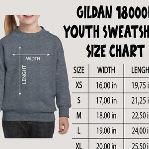 The image is a size chart for a GILDA 18000B youth sweatshirt, showing the measurements for different age groups.