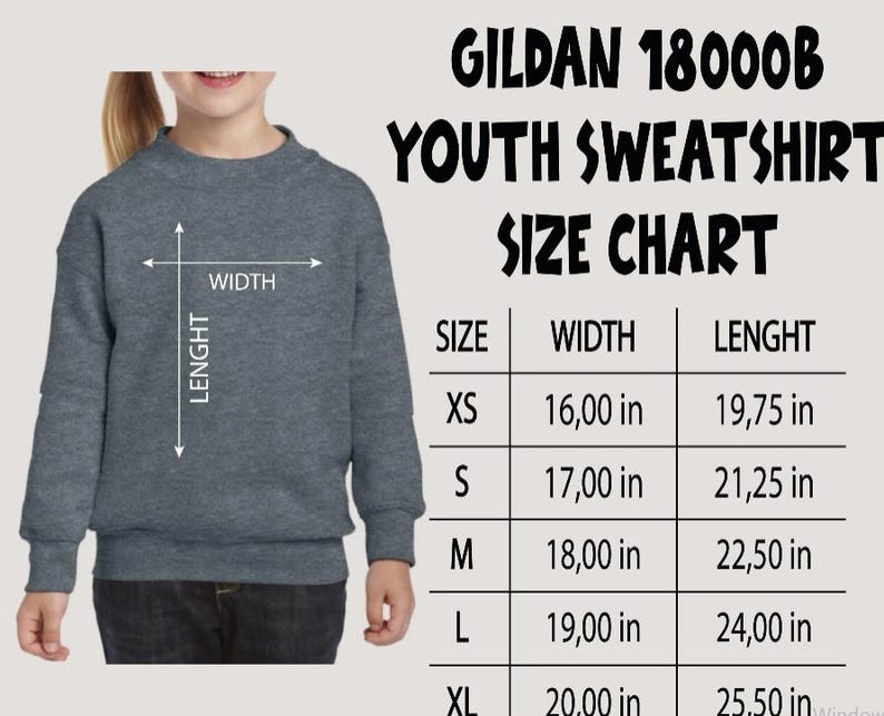 The image is a size chart for a GILDA 18000B youth sweatshirt, showing the measurements for different age groups.