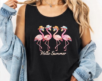 Faux Glitter Flamingo Summer Tank Top, Hello Summer Flamingo Crop Top, Pink Flamingo Racerback, Beach Summer Tropical Flamingo V Neck
