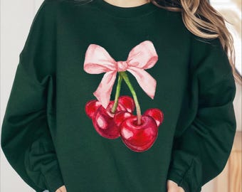 Cherry Bow Sweatshirt, Cute Cherry Sweater, Pink Bow Sweatshirt, Bow Cherry Sweatshirt, Aesthetic Cherry Sweater, Summer Cherry Sweatshirt
