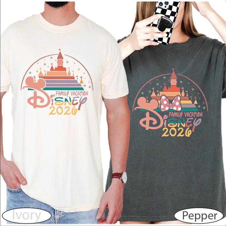 two people wearing Disney-themed t-shirts, one white and one black, with the text "Disney 2020" printed on them.