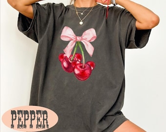 Cherry Bow Shirt, Cute Cherry T Shirt, Pink Bow Tee, Bow Cherry Shirt, Aesthetic Cherry T Shirt, Summer Cherry Tee