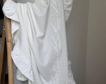 Christening Linen Blanket with Embroidery and Ruffle | Embroidered Orthodox or Catholic Cross