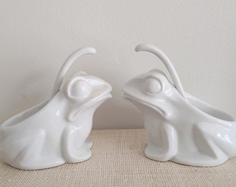 Two White Frog Condiment Bowls / Servers with Spoons, Schmid Design Folio, Japan - No Polka Dots!