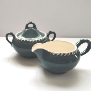 Harker Pottery Creamer and Sugar Set, Mossy Teal Color, Pate sur Pate Ware, 1960's