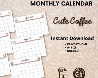 Coffee Calendar 2026 Printable | Monthly Planner, Editable Canva