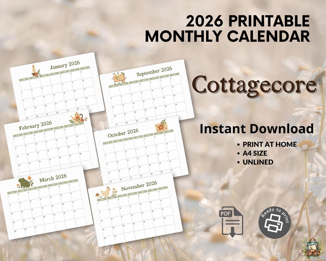 2026 Cottagecore Monthly Calendar Printable | Cozy Aesthetic Calendar ...