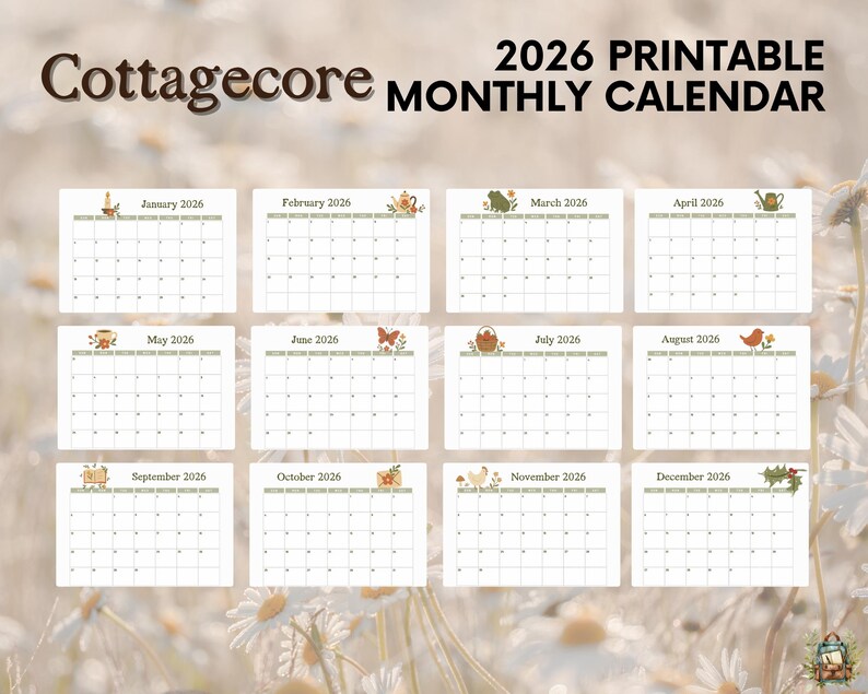 2026 Cottagecore Monthly Calendar Printable | Cozy Aesthetic Calendar ...