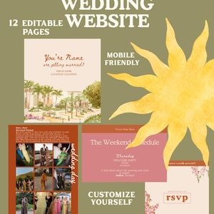 May include: A digital wedding website template set featuring 12 editable pages with a sun graphic. Text includes WEDDING WEBSITE, 12 EDITABLE PAGES, MOBILE FRIENDLY, CUSTOMIZE YOURSELF, and various event details like The Weekend Schedule and RSVP.