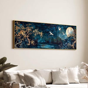 Crane & Golden Sakura Tree, Moon Light Japandi Style Landscape | Long Narrow Canvas Texture Decor