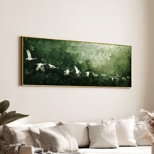 Crane Glides Through Time, Long Horizontal Canvas Print, Modern Green Abstract Bird Art, Panoramic Living Room Decor, Minimalist Framed Art