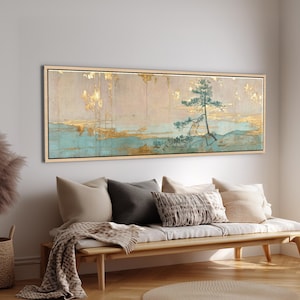 Japandi Golden Pine Tree | Minimalist Japanese Landscape | Panoramic Canvas Texture Decor