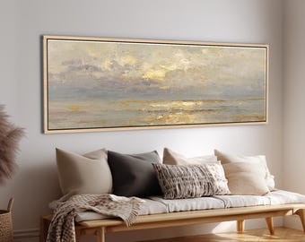 Abstract Horizon Wall Art - Beige & Gold Brush Stroke Seascape Poster | Panoramic Canvas Print