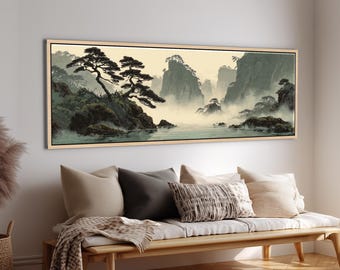 Japanese Landscape Wall Art | Japandi Mountain & Pine Trees Framed Decor | PanoramicCanvas Print