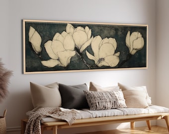 Japanese Magnolia Flowers Wall Art – Vintage Botanical Illustration - Inspired Minimal Floral | Panoramic Canvas Print
