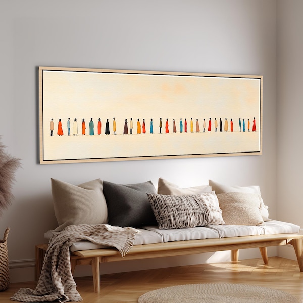 Abstract People Colorful Modern Art - Beige & Terracotta Mid-Century Wall Art - Panoramic Canvas Print