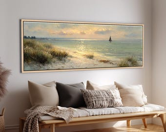 Abstract Impression Sunset Wall Art – Sand Grass & Seascape Long Horizon Framed Decor | Panoramic Canvas Print