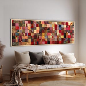 パウル・クレー風パッチワーク - 温かみのある赤とアースカラーのテクスチャードキャンバスプリント | パノラマ額入りポスター