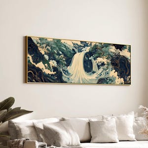 Japanese Waterfall Fantasy, Panoramic Nature Illustration in Ukiyo-e Style Canvas, Panoramic Senere Waterfall Framed Poster, Modern Home Art