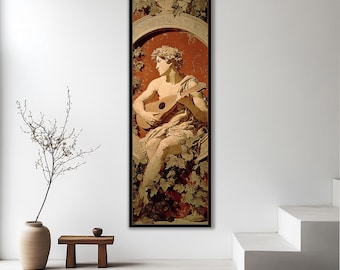 Ancient Roman Fresco Wall Art - Kithara & Apollo Mythologic Framed Decor | Vertical Canvas Print